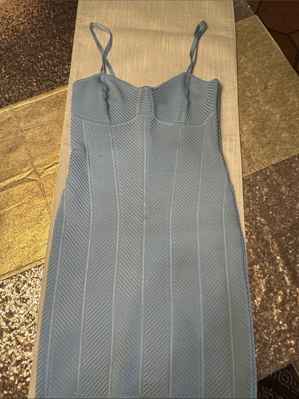 Herve Leger Light Blue Ribbed Bodycon Midi Dress